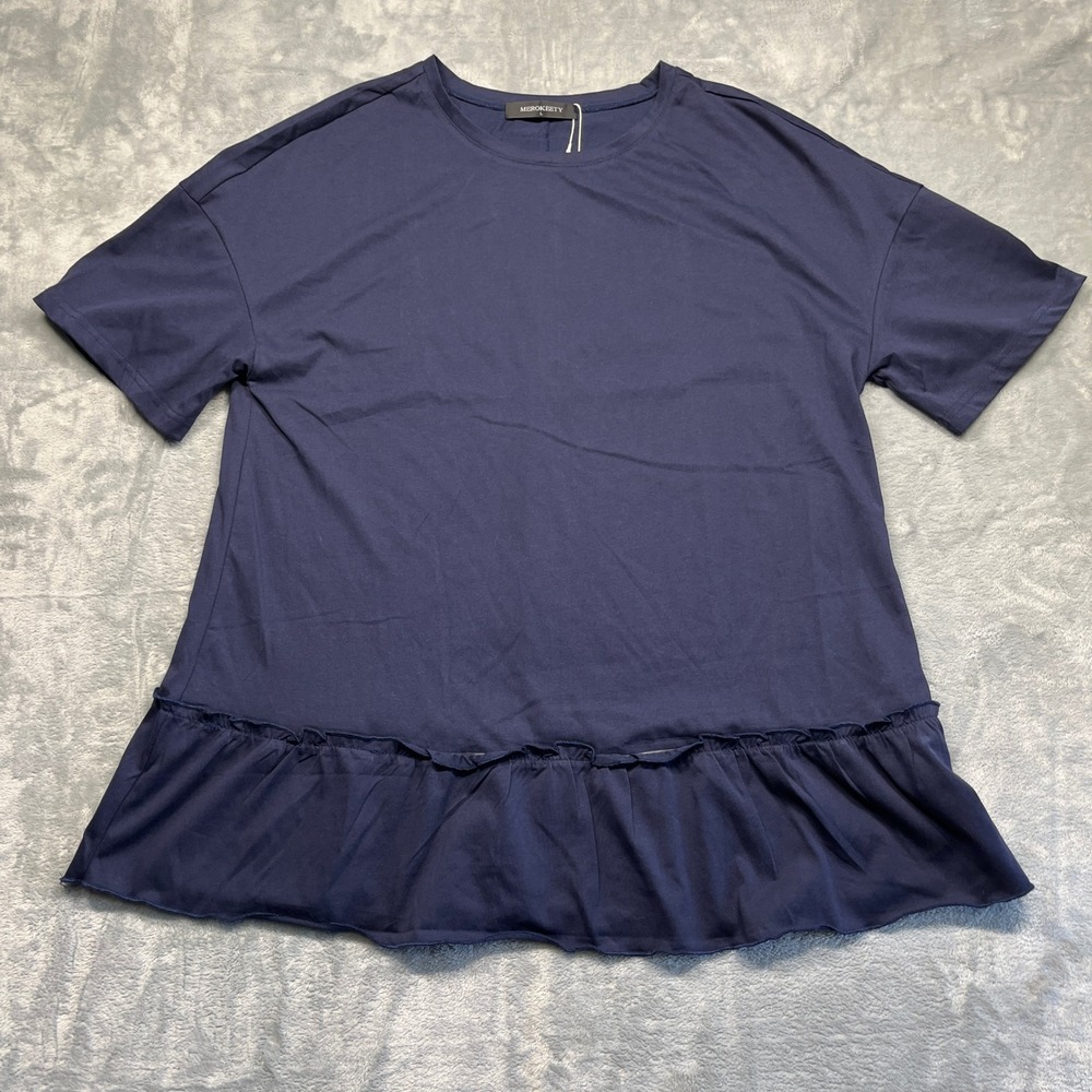 MEROKEETY Peplum T-Shirt Women Navy Blue Ruffle Hem Short Sleeve Crew Neck Large